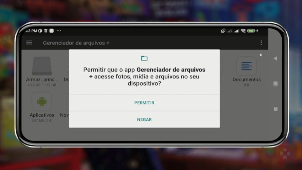 App gerenciador de arquivos pedindo permissão no Android - Como Descompactar Jogos de PS1 e Organizá-los No Celular