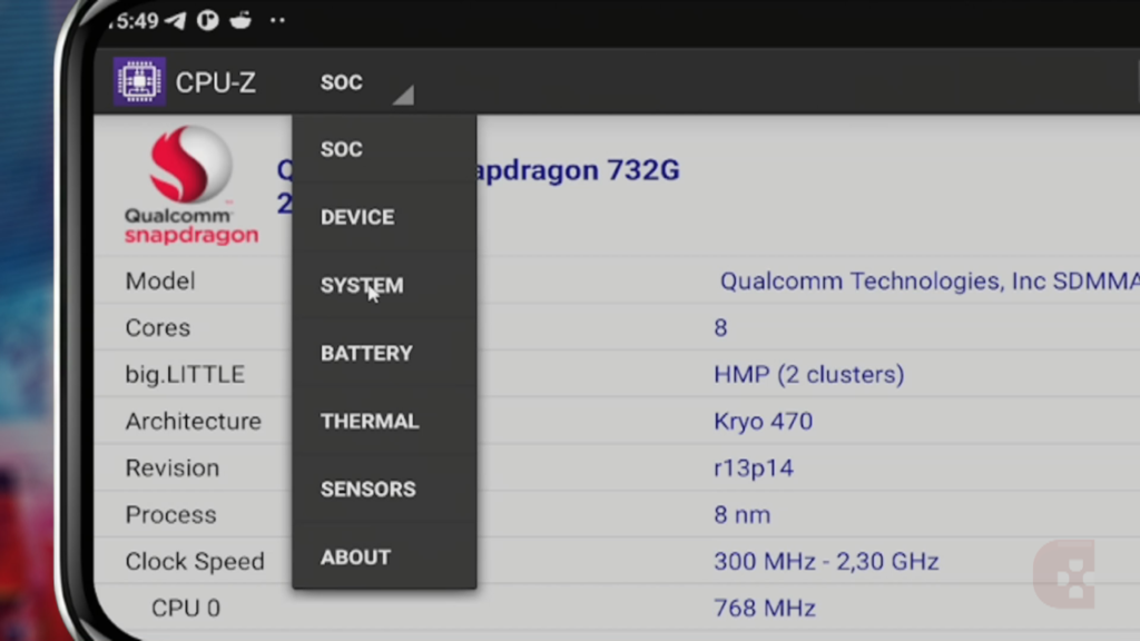 Screenshot do app CPU-Z, selecionando a aba System