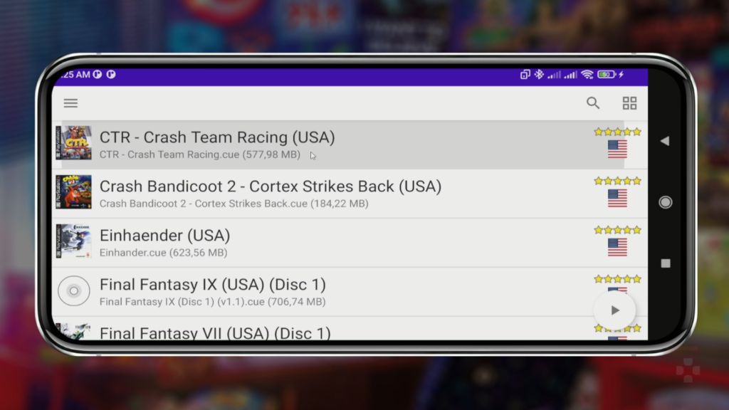 Screenshot do emulador DuckStation de Android mostrando como abrir jogos pela tela inicial