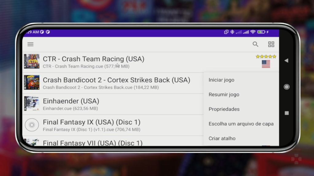 Screenshot da tela inicial do DuckStation de Android mostrando como abrir jogos pelo boot inicial