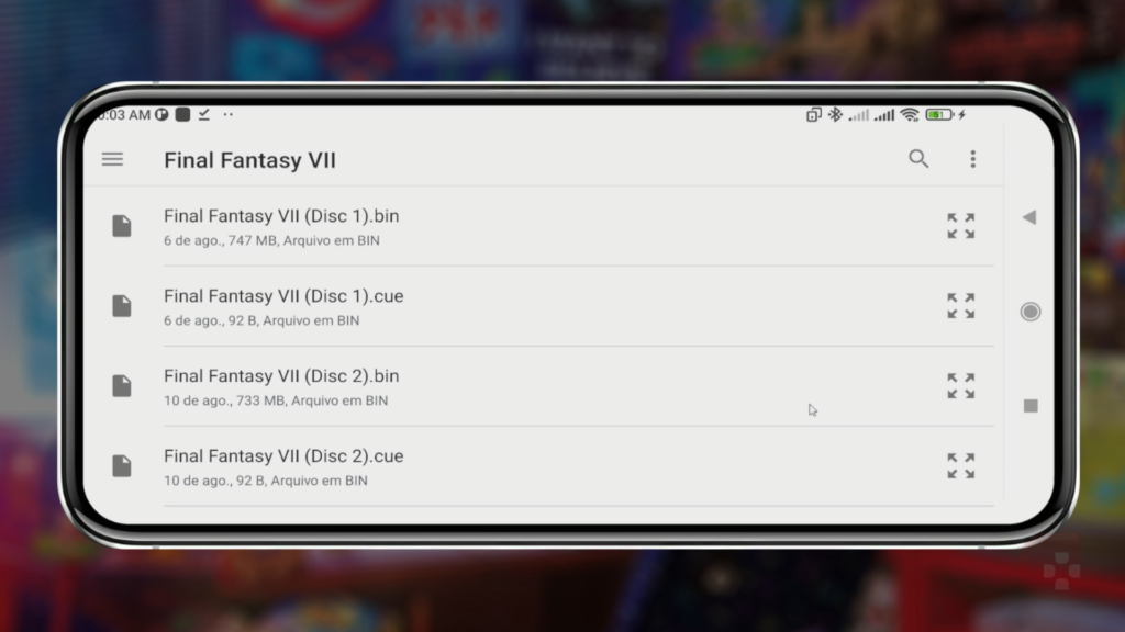 Screenshot dos arquivos de discos do Final Fantasy VII utilizados para criar playlists no DuckStation de Android