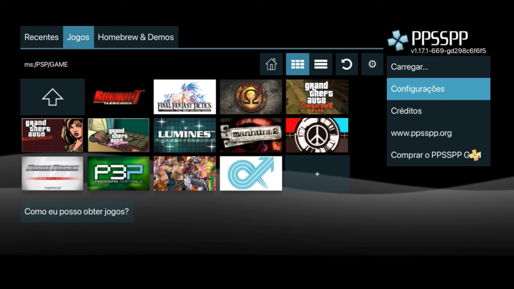 1. Acessando as Configurações do Emulador de PSP - PPSSPP