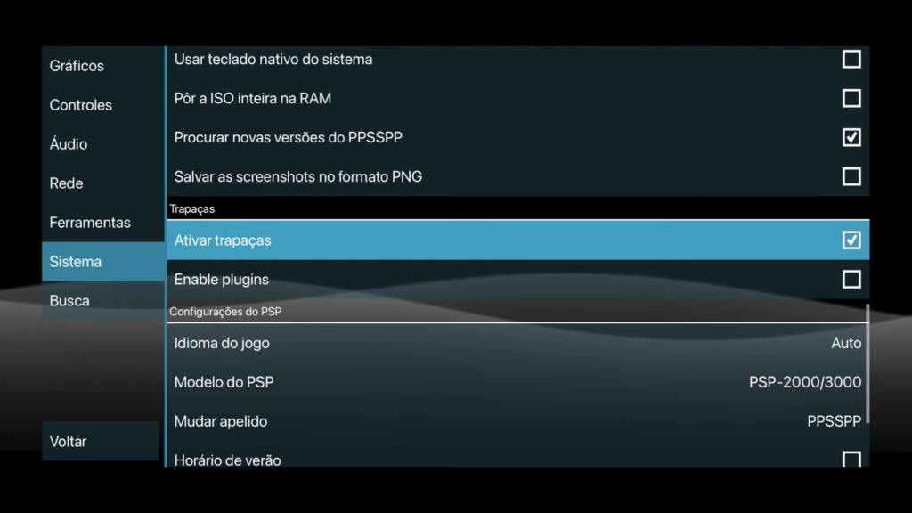 2. Ativando as Trapaças no PPSSPP