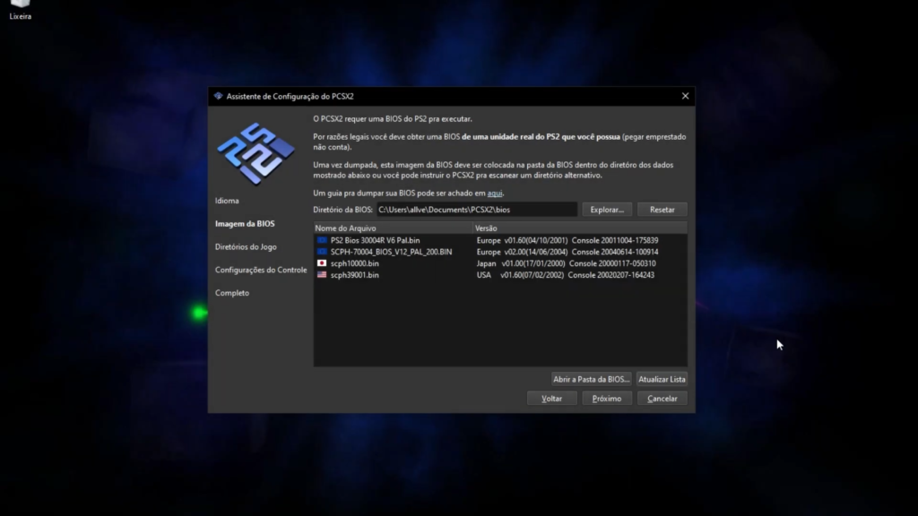 tela de seleção de bios no pcsx2 - allves games