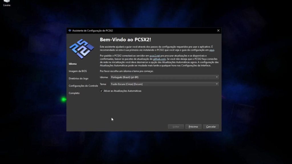 tela de seleção de idioma e temas no pcsx2 - allves games