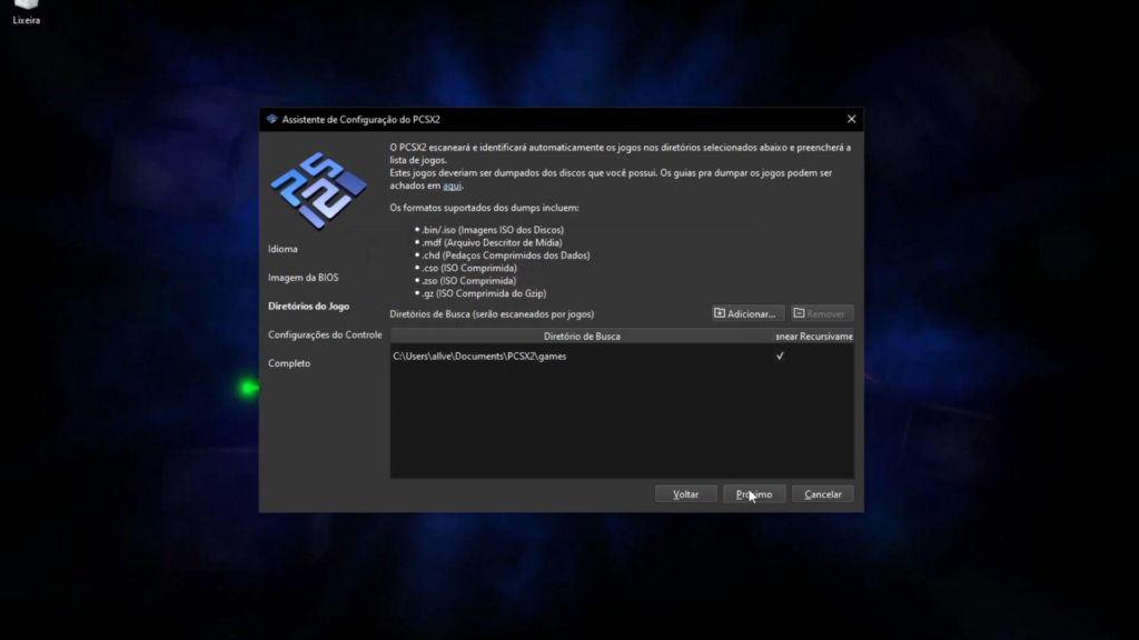 tela de vinculação da pasta de jogos no pcsx2 - allves games