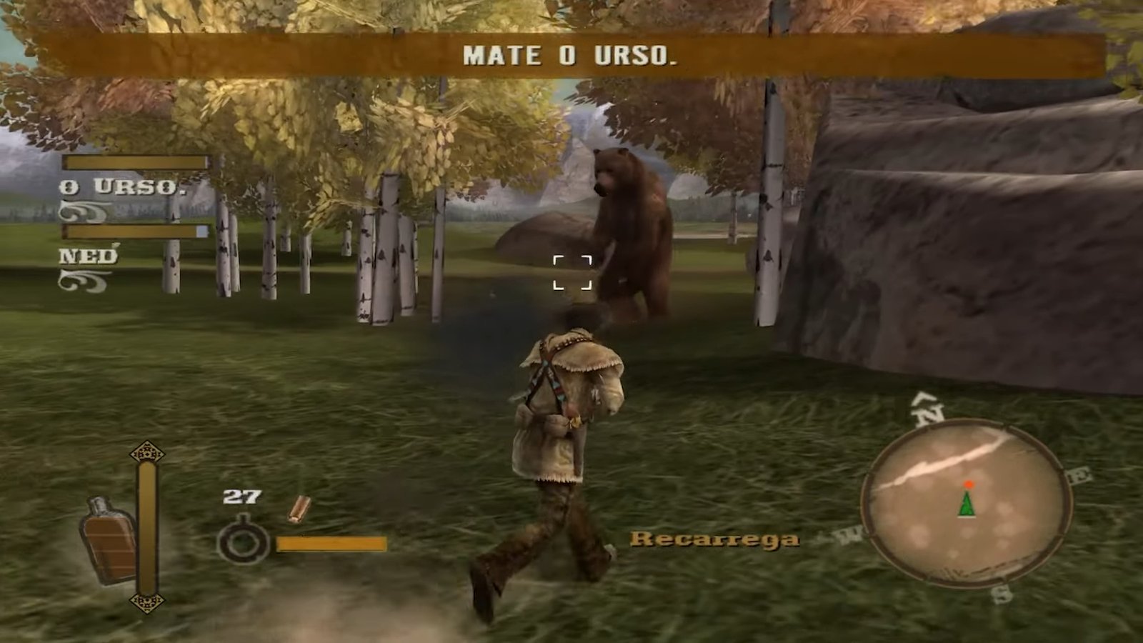 Gun, um dos jogos de PS2 traduzidos em português, mostrando o protagonista em um tiroteio no velho oeste.