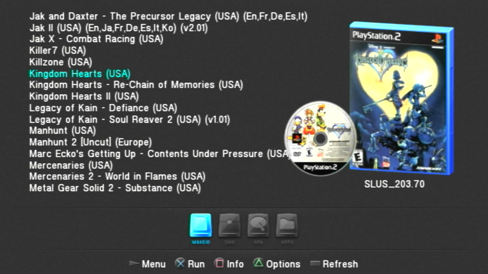 Menu do Open PS2 Loader com lista de jogos digitais na tela da TV