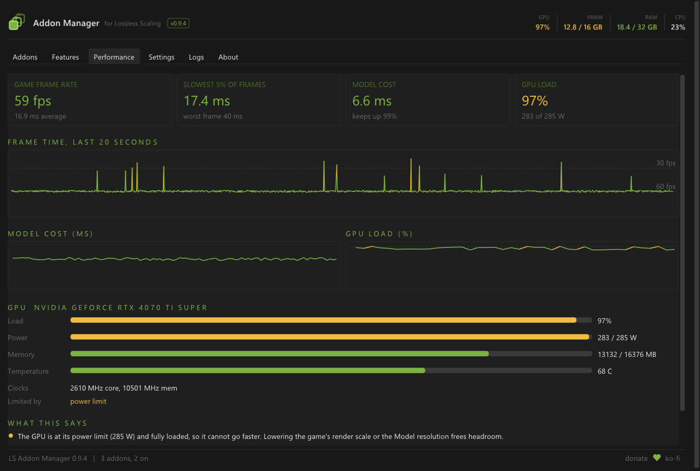 Painel de desempenho do Addon Manager for Lossless Scaling