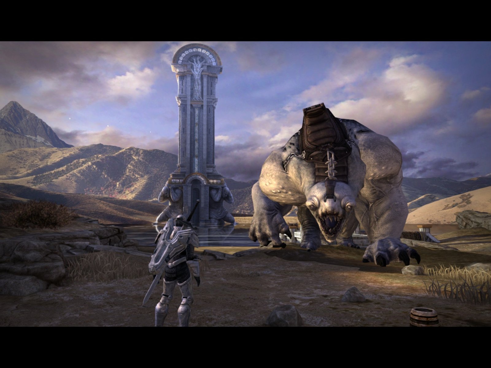 Infinity Blade III com personagem enfrentando uma criatura gigante
