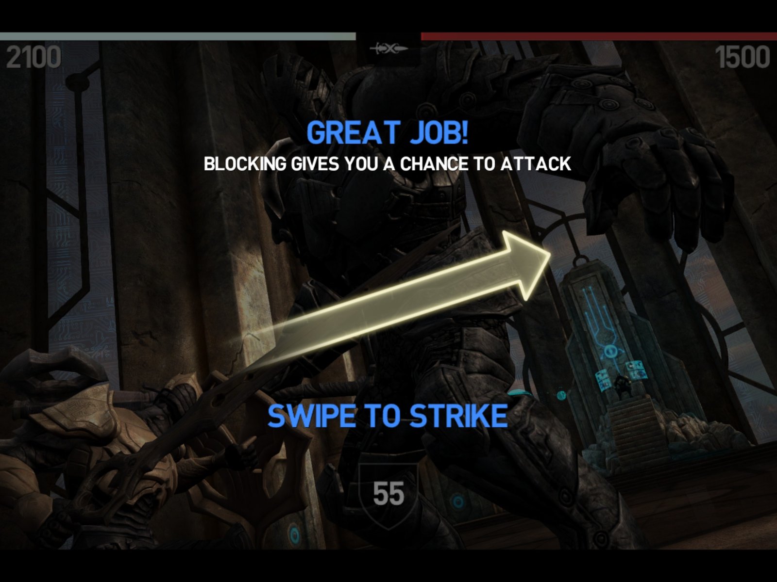 Infinity Blade III mostrando tutorial de bloqueio e ataque por gesto