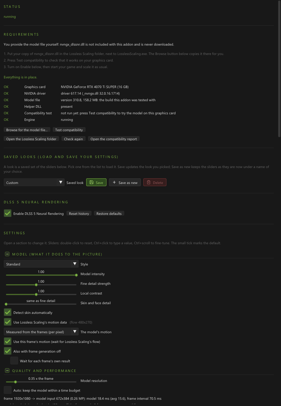 Lossless Scaling 0.9.15 Neural Rendering em painel de referência