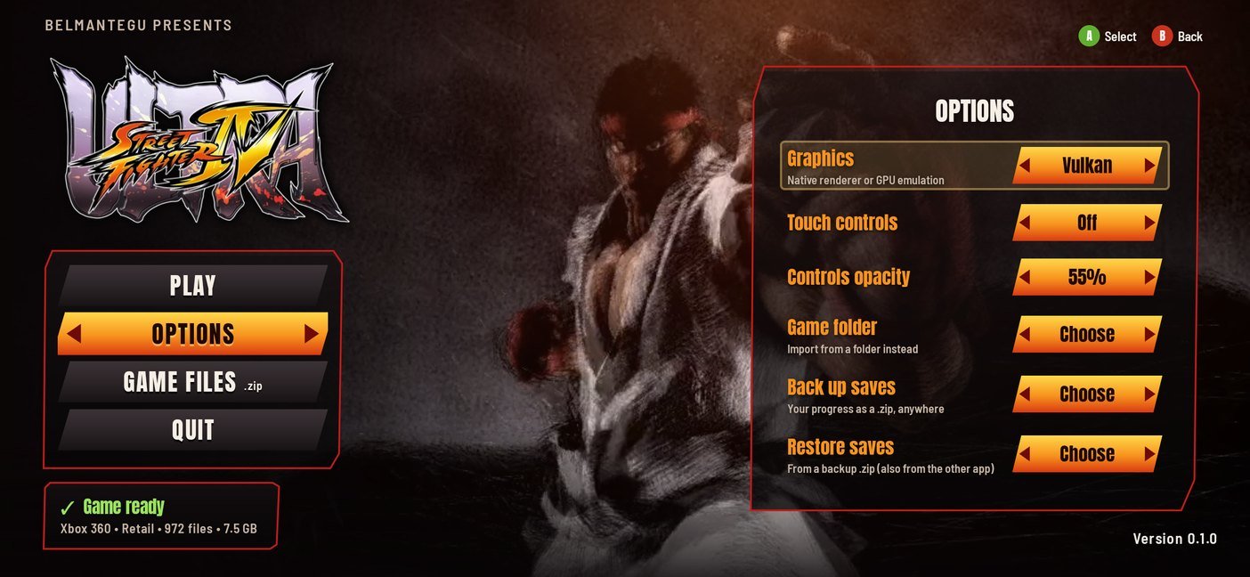 Opções do Ultra Street Fighter IV Recompiled no Android