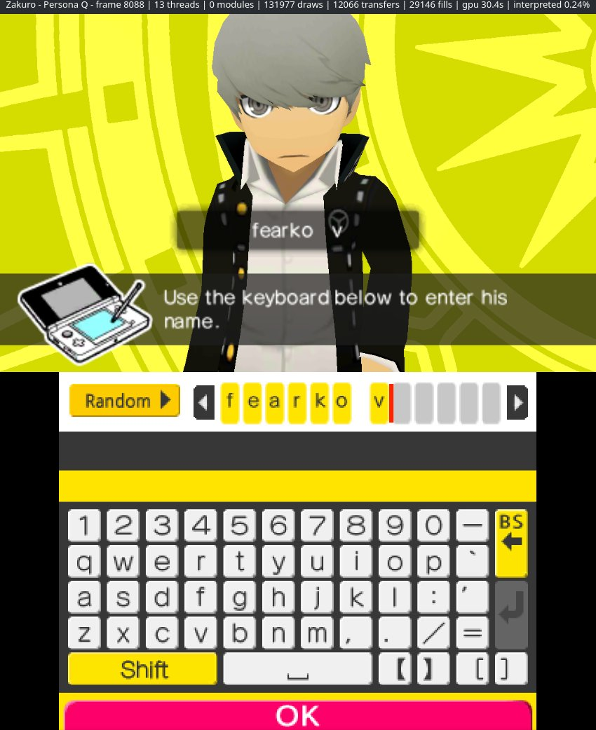 Persona Q rodando no Zakuro com 3dsrecomp