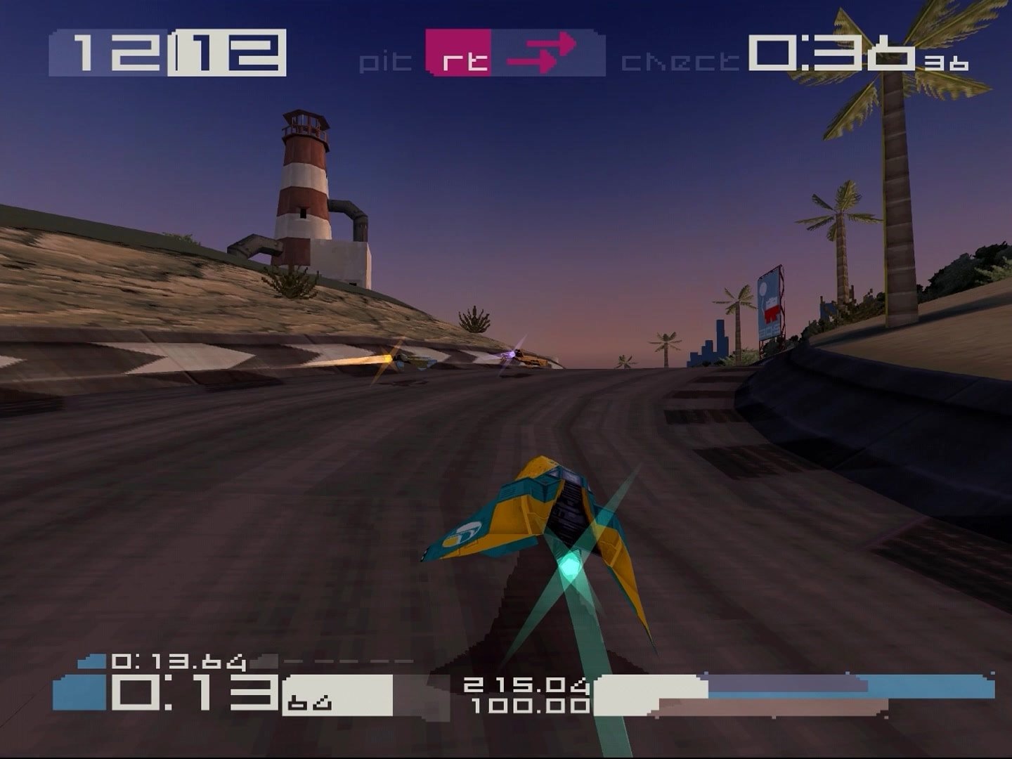 Wipeout 3 Special Edition original mostra nave antigravidade em circuito com farol e palmeiras ao entardecer