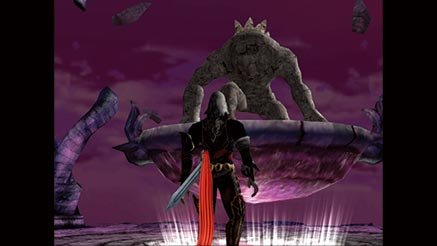 Castlevania: Curse of Darkness com Hector diante de criatura alada sob céu roxo