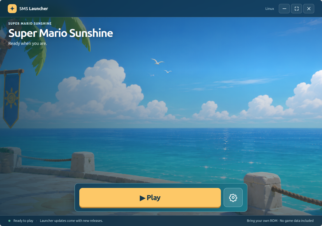 Tela do SMS Launcher oficial pronta para iniciar Super Mario Sunshine no computador