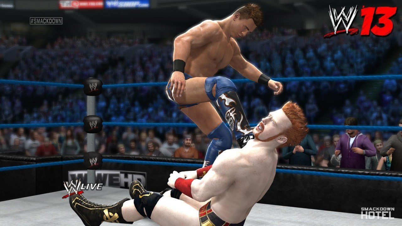 Dois lutadores disputam uma luta no ringue de WWE 13
