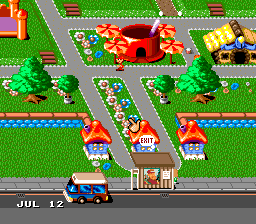 Tela original de Theme Park para SNES mostrando o portão de entrada e ônibus de visitantes