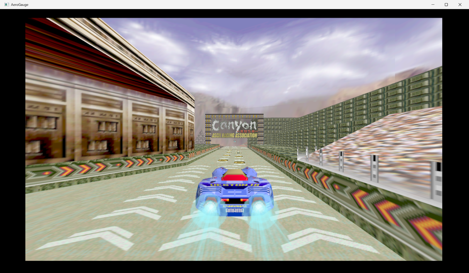 Nave azul em AeroGauge Recompiled com estrutura distante visível