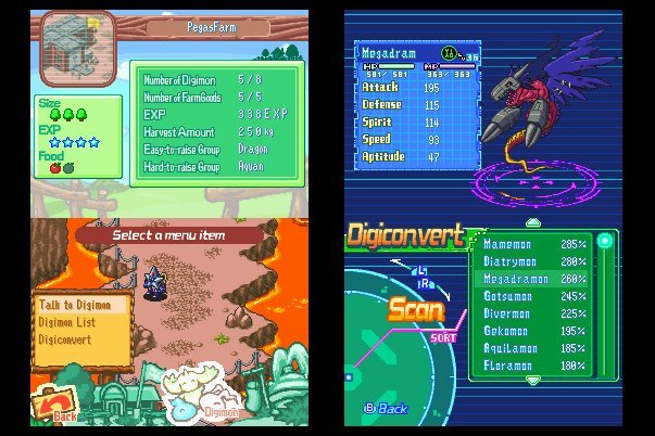 Digimon World DS no Nintendo DS em telas de evolução e menus