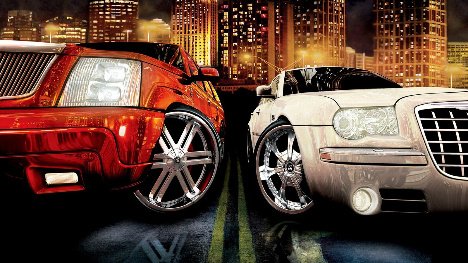 Arte de Midnight Club 3 DUB Edition Remix com carros vermelho e branco em cidade iluminada