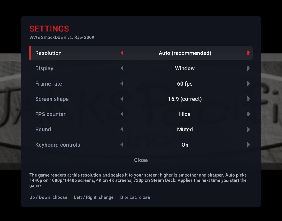 Menu interno do jogo com ajustes de resolução, tela e taxa de quadros