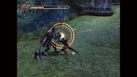 Castlevania: Curse of Darkness em combate com espada num pátio de pedra