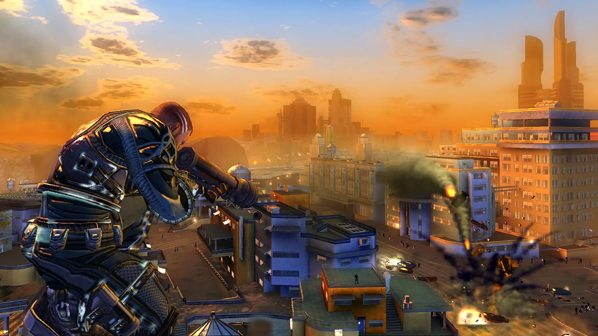 Crackdown Xbox 360 — arte de ação com agente em Pacific City