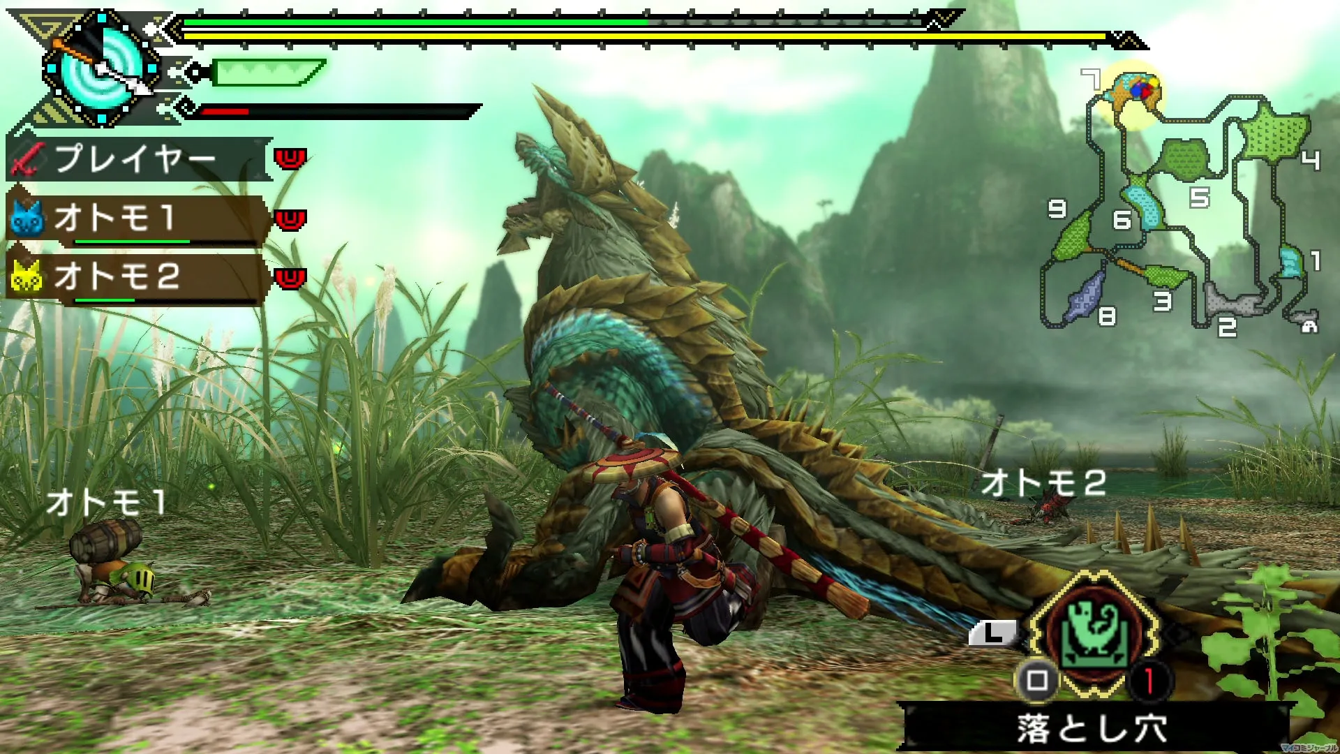 Monster Hunter Portable 3rd HD: caçador enfrenta monstro em cenário aberto — jogo original adaptado pelo Yakumo