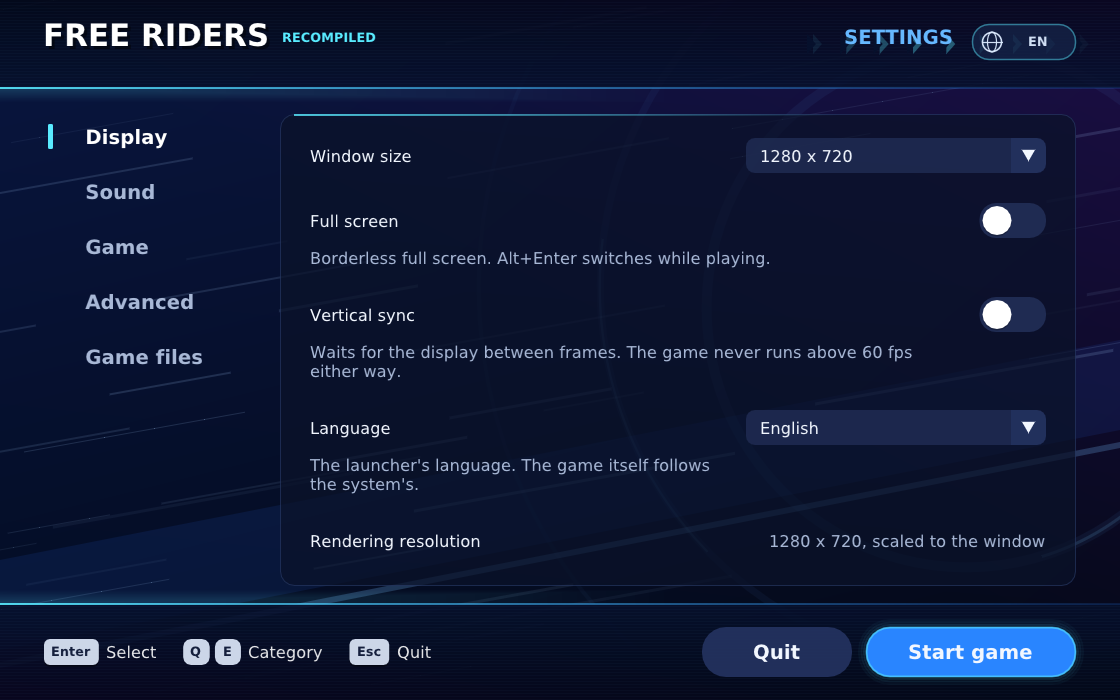 Menu do launcher do Sonic Free Riders Recompiled