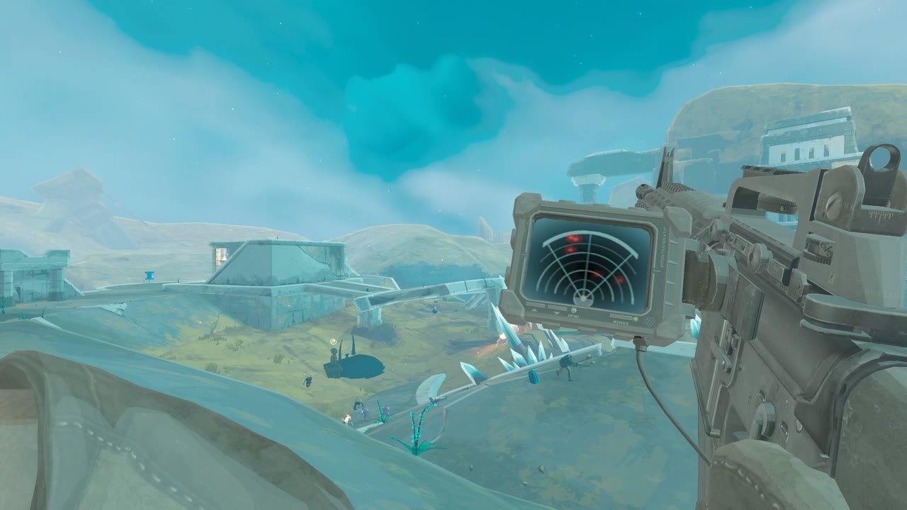 Captura oficial do MW2xRoR2 mostrando o detector de batimentos no Risk of Rain 2.