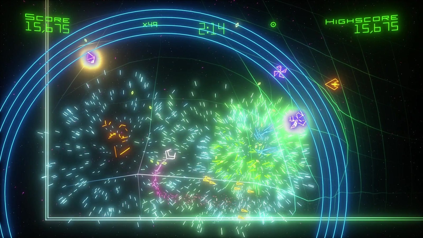 Geometry Wars 2 original com formas azuis e explosões verdes sobre a arena