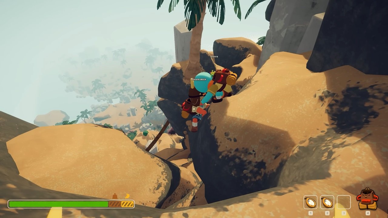 Exploradores escalam um penhasco no jogo PEAK original
