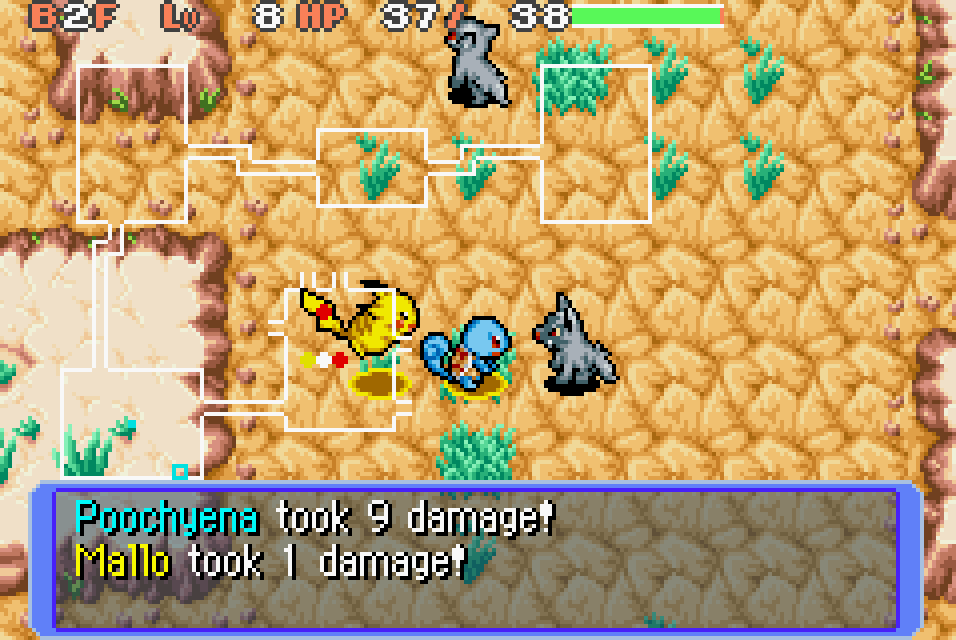 Pikachu e Squirtle lutam em uma masmorra de Pokémon Mystery Dungeon Red Rescue Team no Game Boy Advance