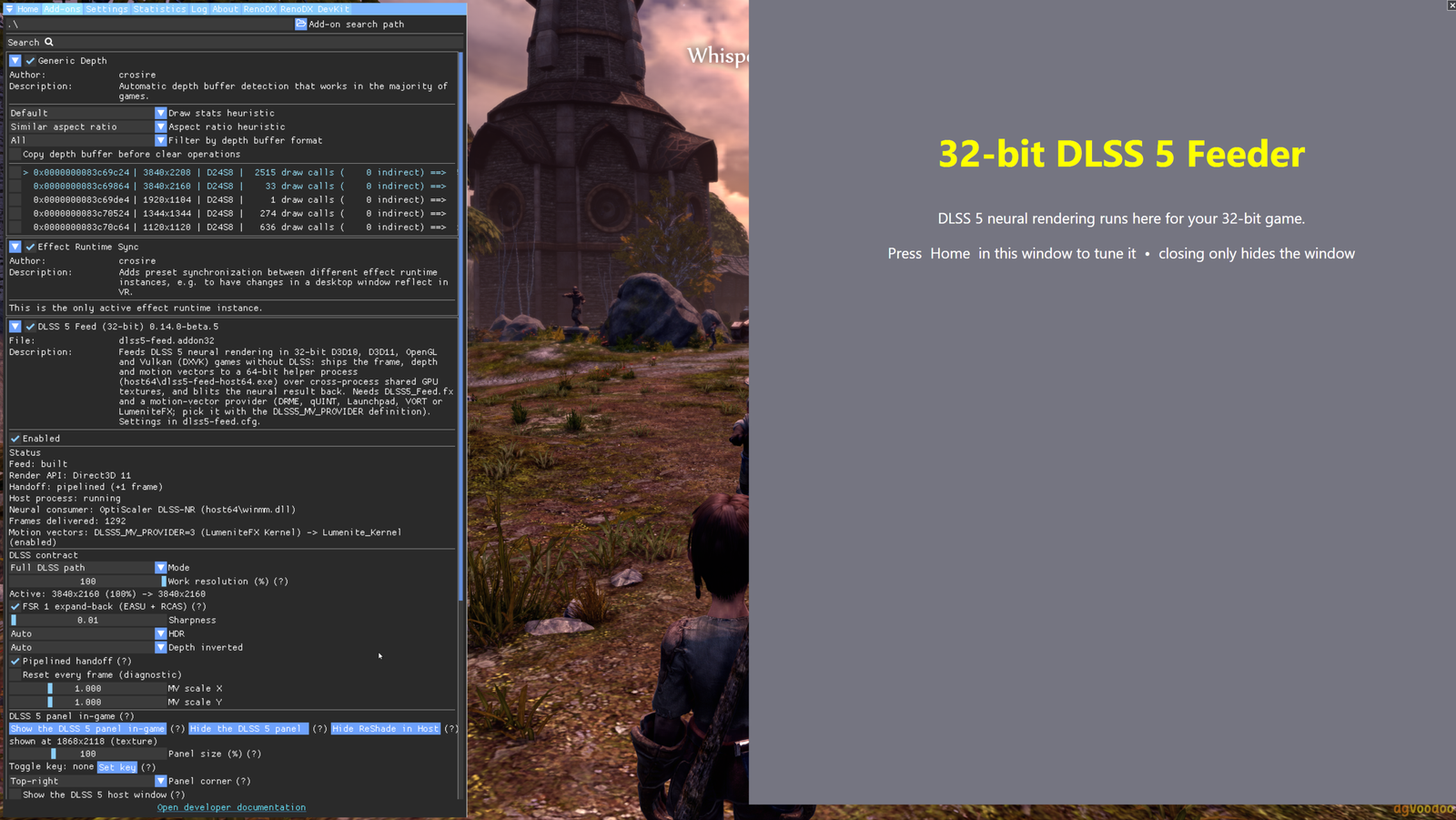 Screenshot técnico do DLSS5-Feeder em versão de desenvolvimento