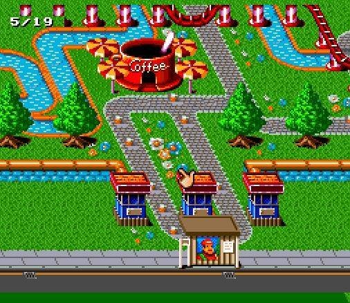 Tela de Theme Park para SNES com caminhos, lojas e entrada do parque