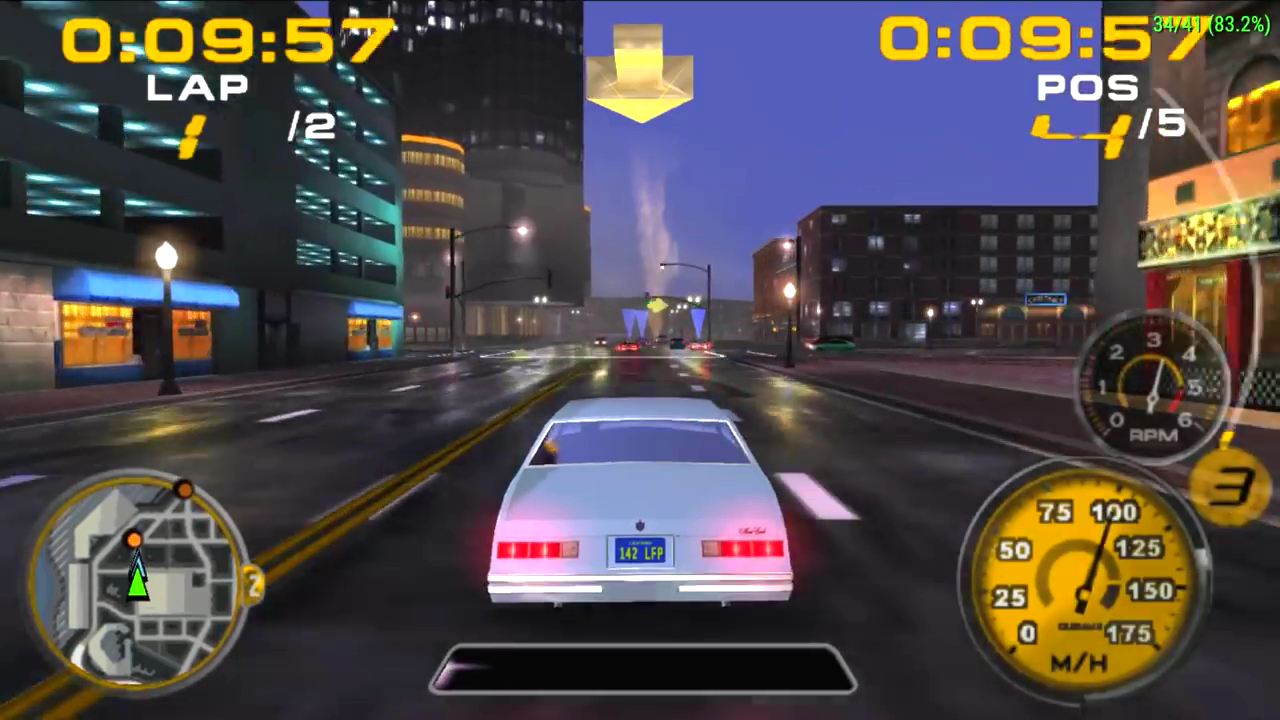 Midnight Club 3 DUB Edition Remix original de Xbox em corrida noturna com carro branco e velocímetro