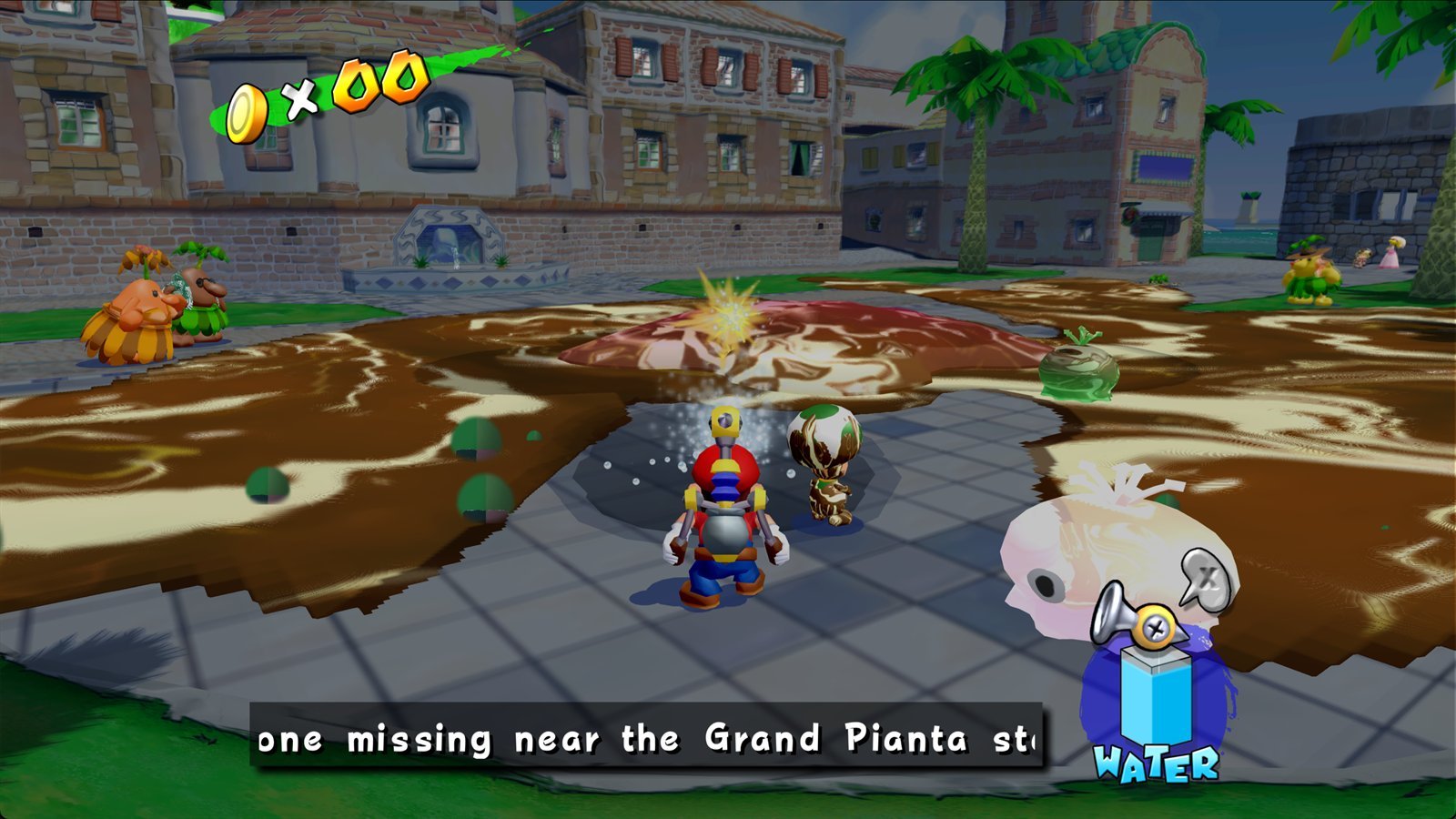 Mario com FLUDD em Super Mario Sunshine no port para PC, captura de uma versão anterior