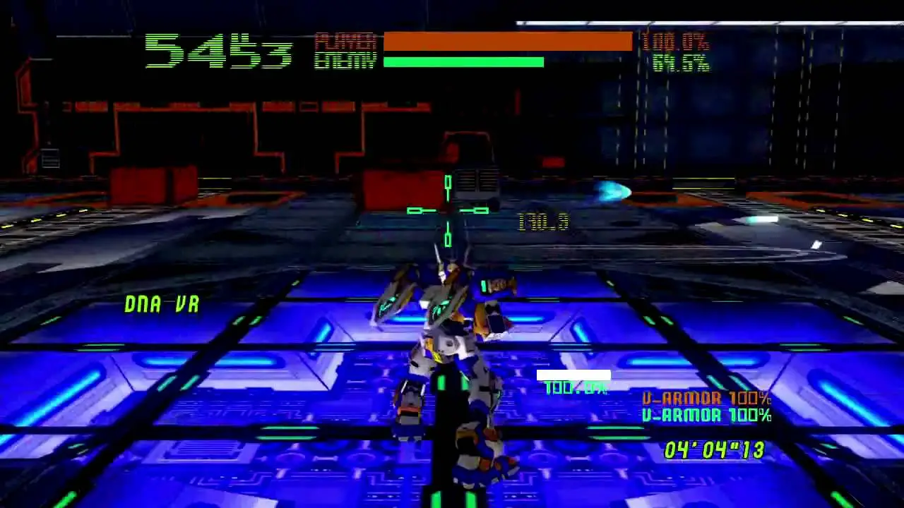 Virtual-On Oratorio Tangram — Virtuaroid em arena iluminada azul
