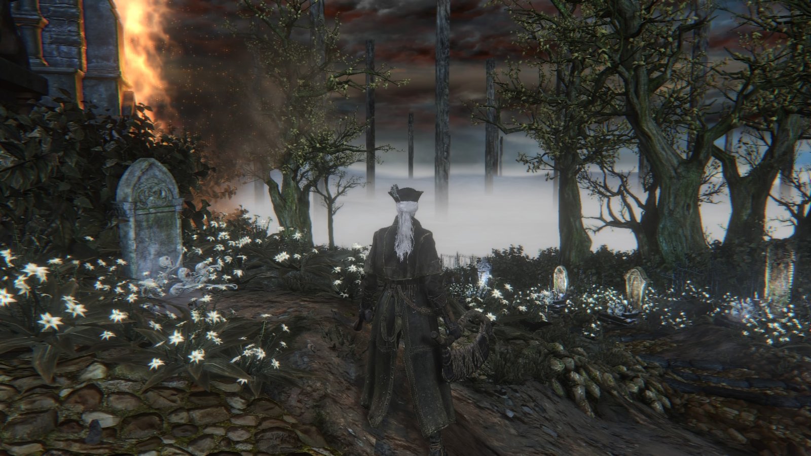 Sonho do Caçador em Bloodborne, com jardim, lápides e oficina