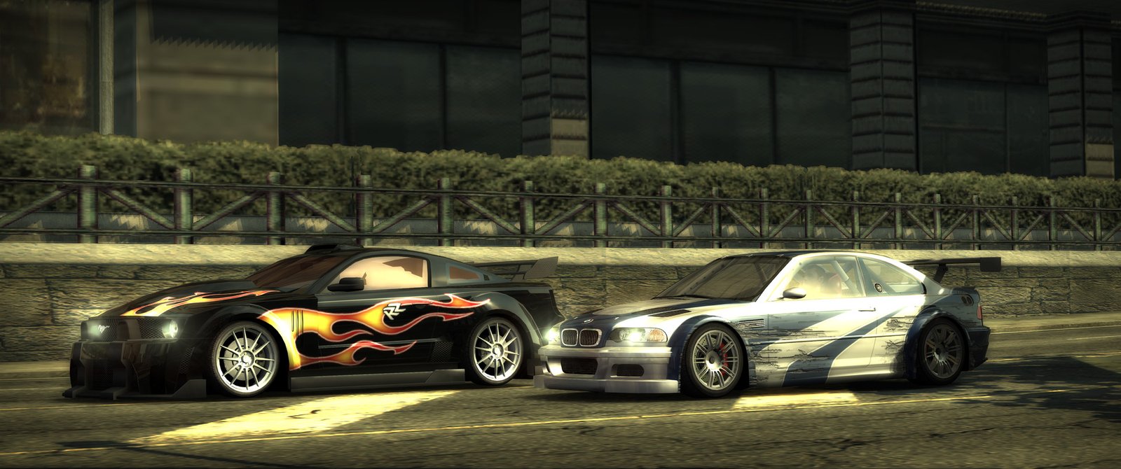 Dois carros lado a lado em cena cinematográfica ultrawide de Need for Speed Most Wanted no SpeedBreaker