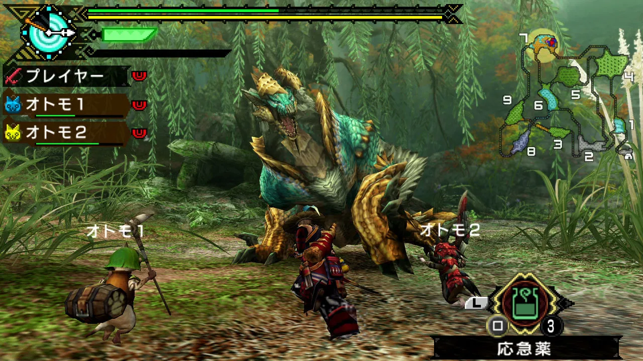 Monster Hunter Portable 3rd HD: combate contra monstro na floresta com interface de jogo — jogo original adaptado pelo Yakumo