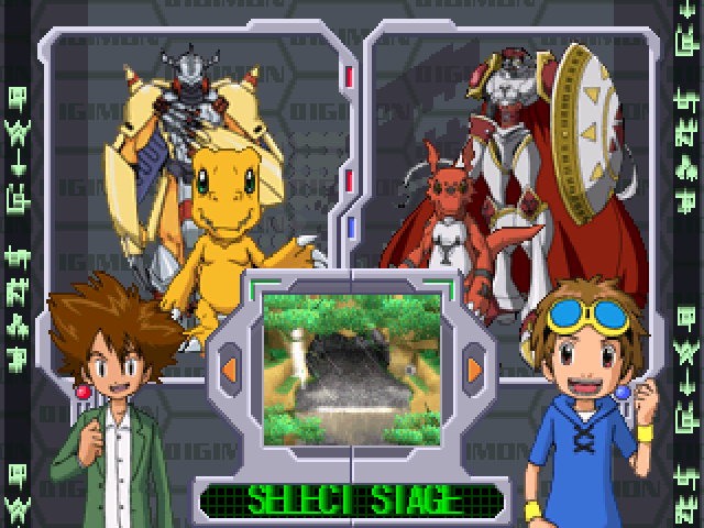 Digimon Rumble Arena no PlayStation 1 com seleção de arena e personagens