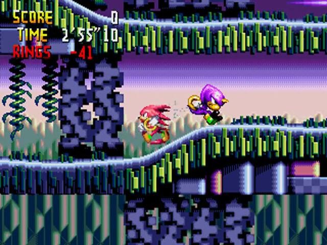Cenário e personagens durante uma partida de Knuckles Chaotix no Sega 32X