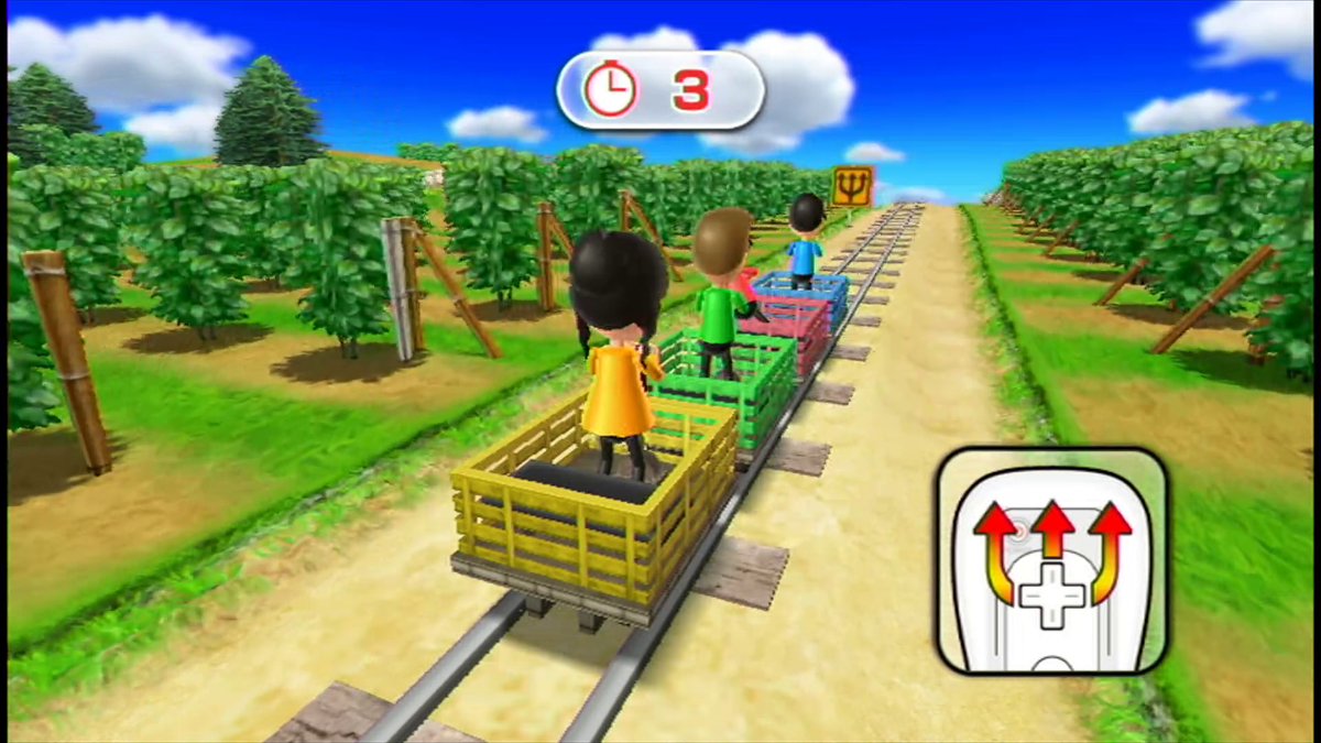 Personagens Mii disputam uma corrida em carrinhos sobre trilhos no Wii Party original