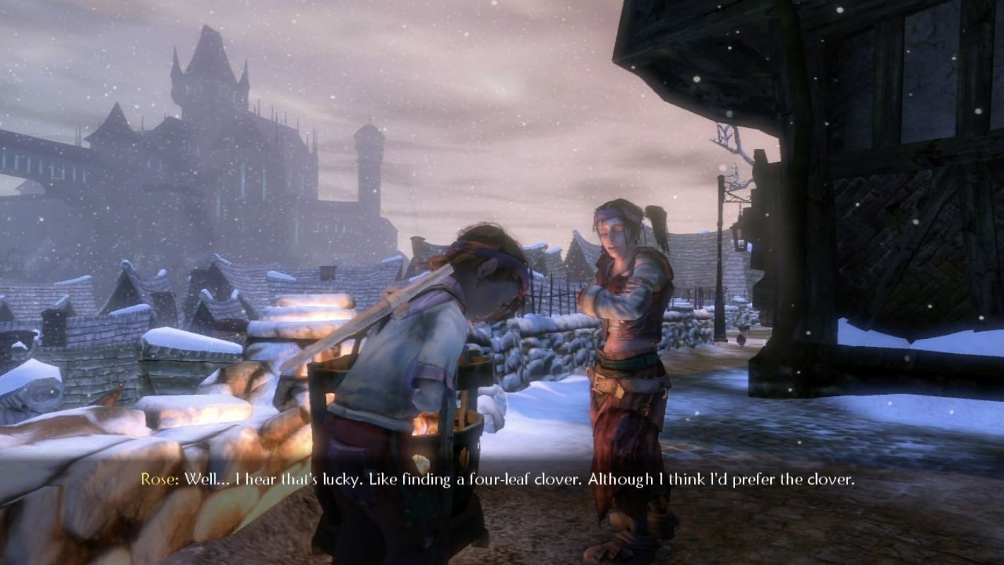 Personagens conversam em vila nevada de Fable II