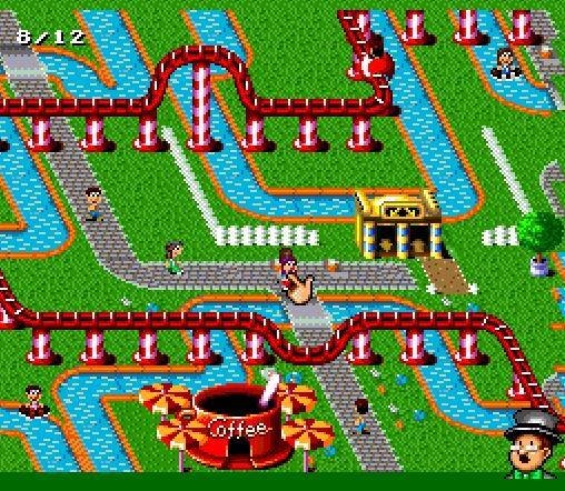 Tela de Theme Park para SNES com montanha-russa vermelha e atração de xícaras