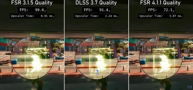 Comparação de HelixSR DLSS 3.7 com AMD FSR 3.1.5 e FSR 4.1.1 em cena de jogo
