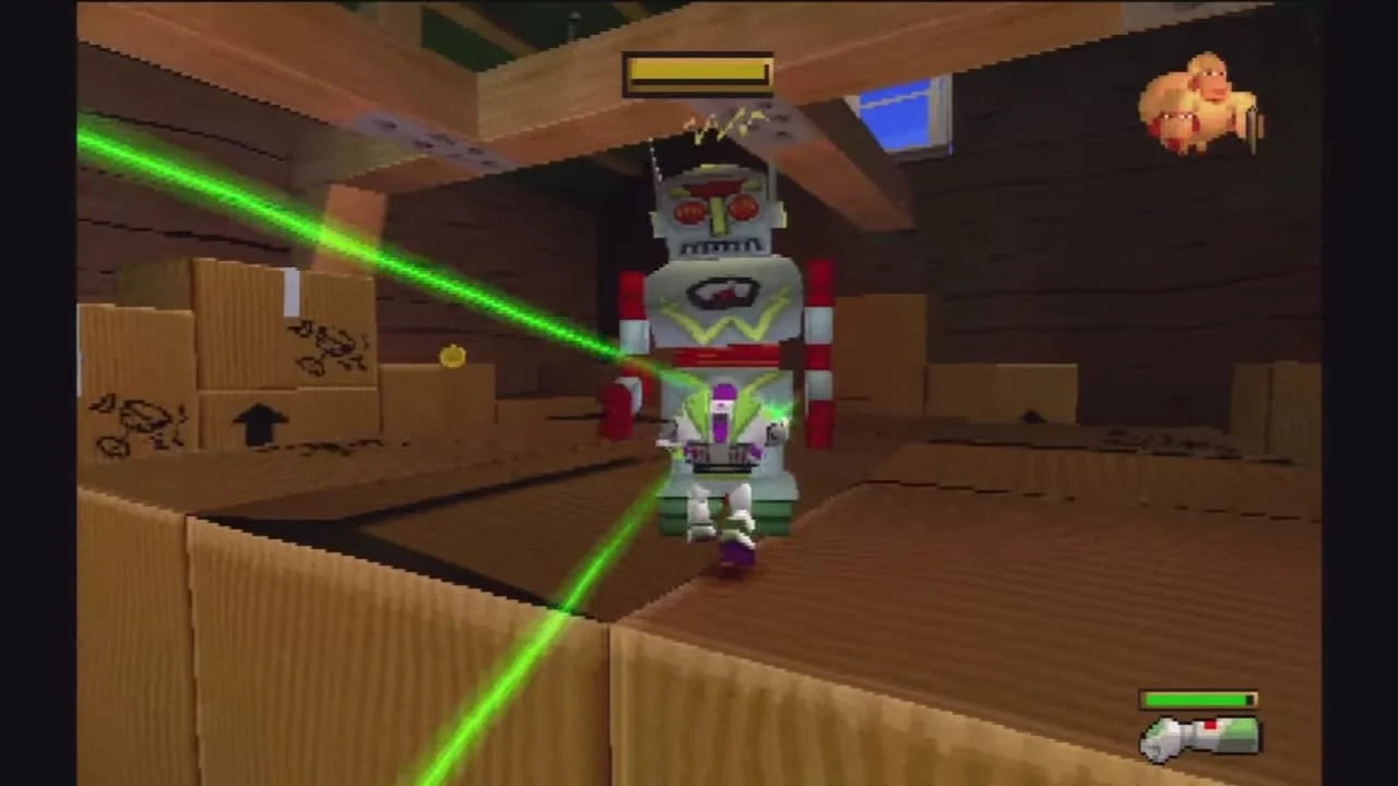 Buzz Lightyear dispara laser contra chefe robótico de Toy Story 2